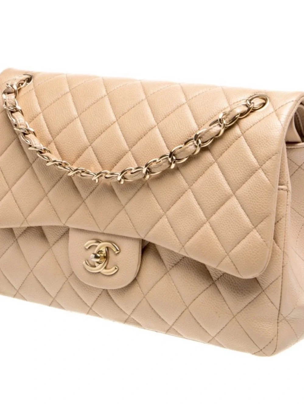 CHANEL Beige Quilted Double Flap Shoulder Bag with Gold Hardware